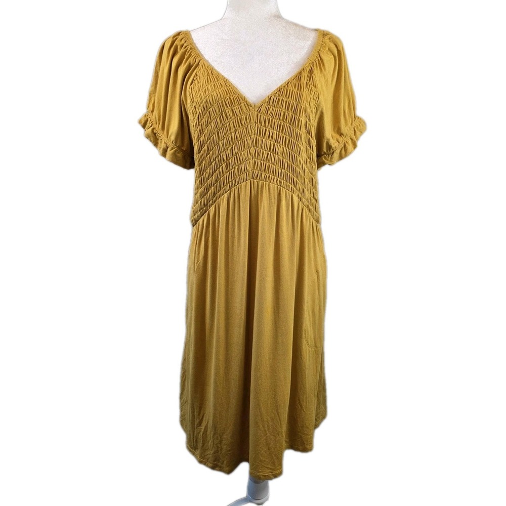 Cato Dress Women XL Sunflower Yellow Smocked Babydoll Short Ruffle V-Neck Pocket